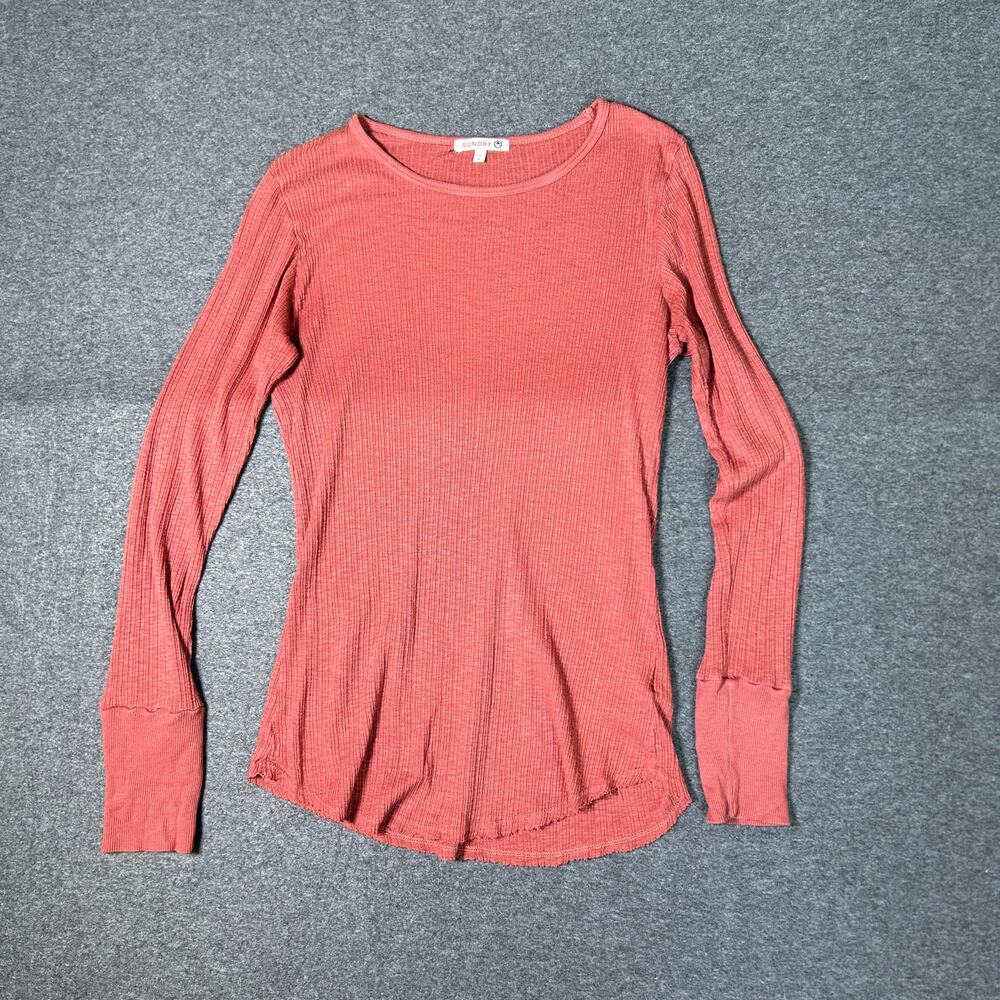 Y2K Ribbed Scoop Neck Long Sleeve Shirt red Preppy Women's Size S